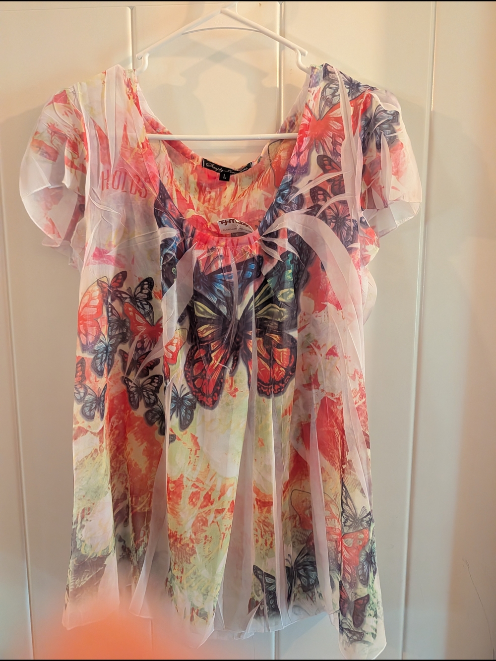 Simply Irresistible Sheer Butterfly Print Tunic - White, Coral, Black, Blue
